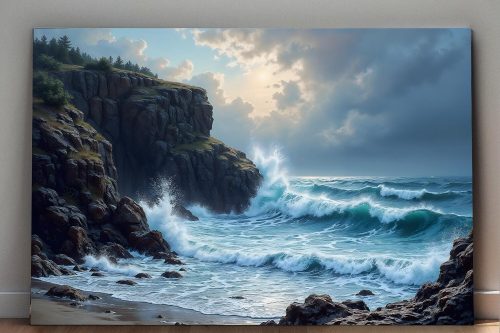 Brandung an felsiger Küste bei Sonnenuntergang, Digital Art, KI Art