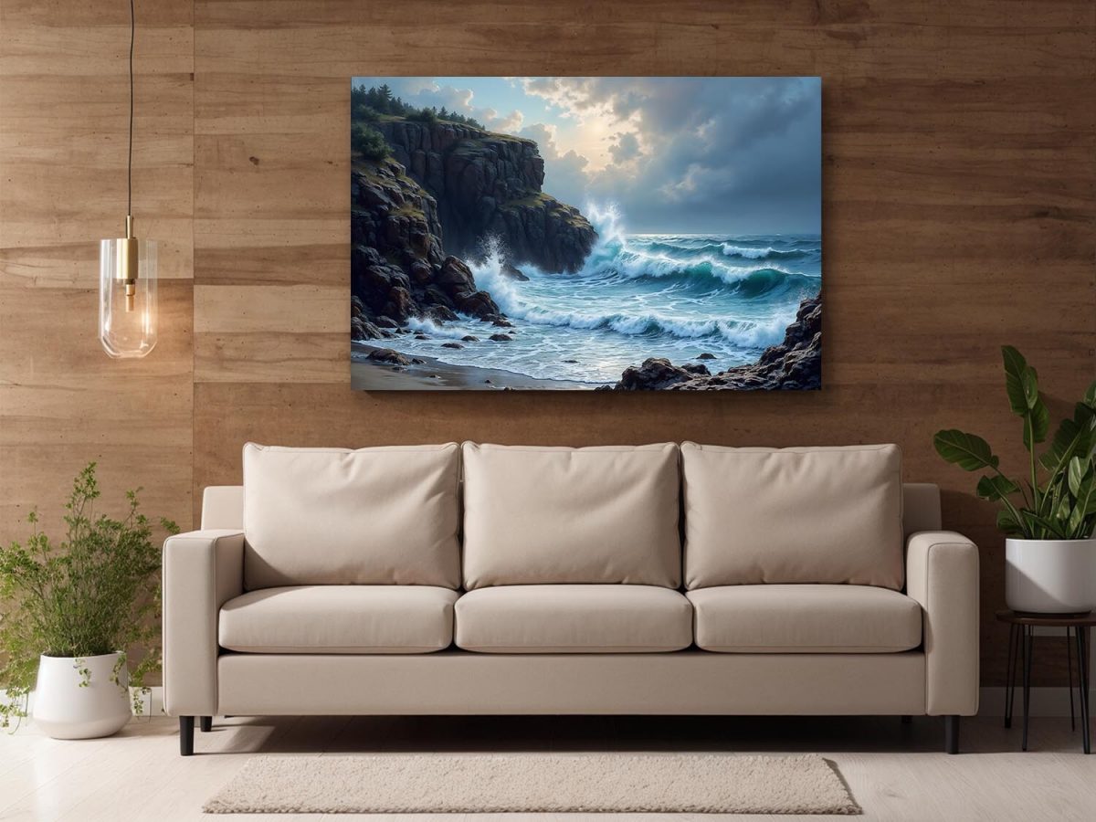 Brandung an felsiger Küste bei Sonnenuntergang, Digital Art, KI Art