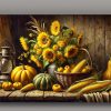 Stillleben mit Sonnenblumen, Kürbissen und Maiskolben, Digital Art,