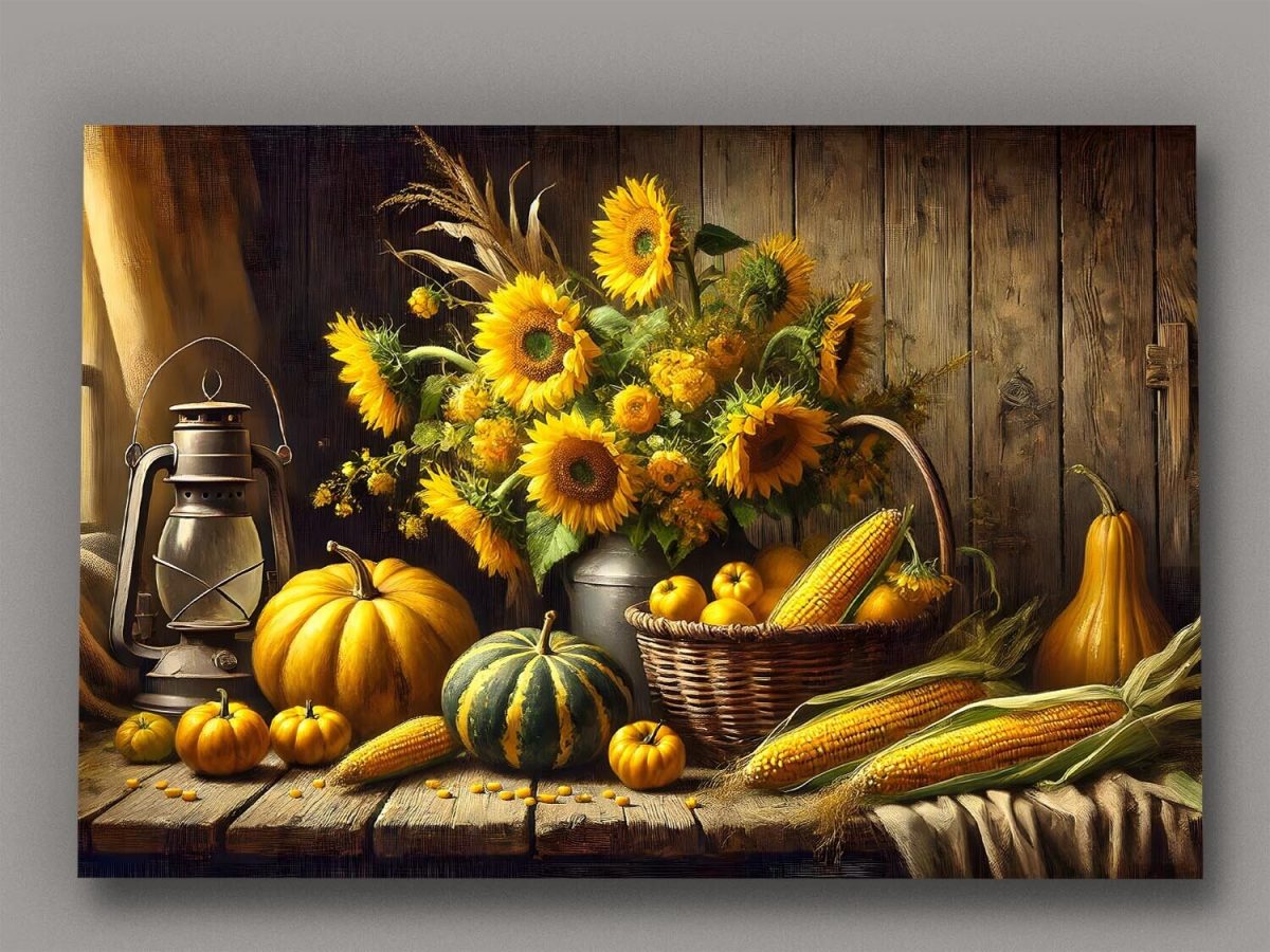 Stillleben mit Sonnenblumen, Kürbissen und Maiskolben, Digital Art,