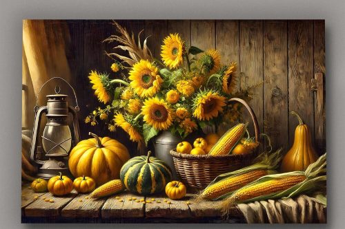 Stillleben mit Sonnenblumen, Kürbissen und Maiskolben, Digital Art,