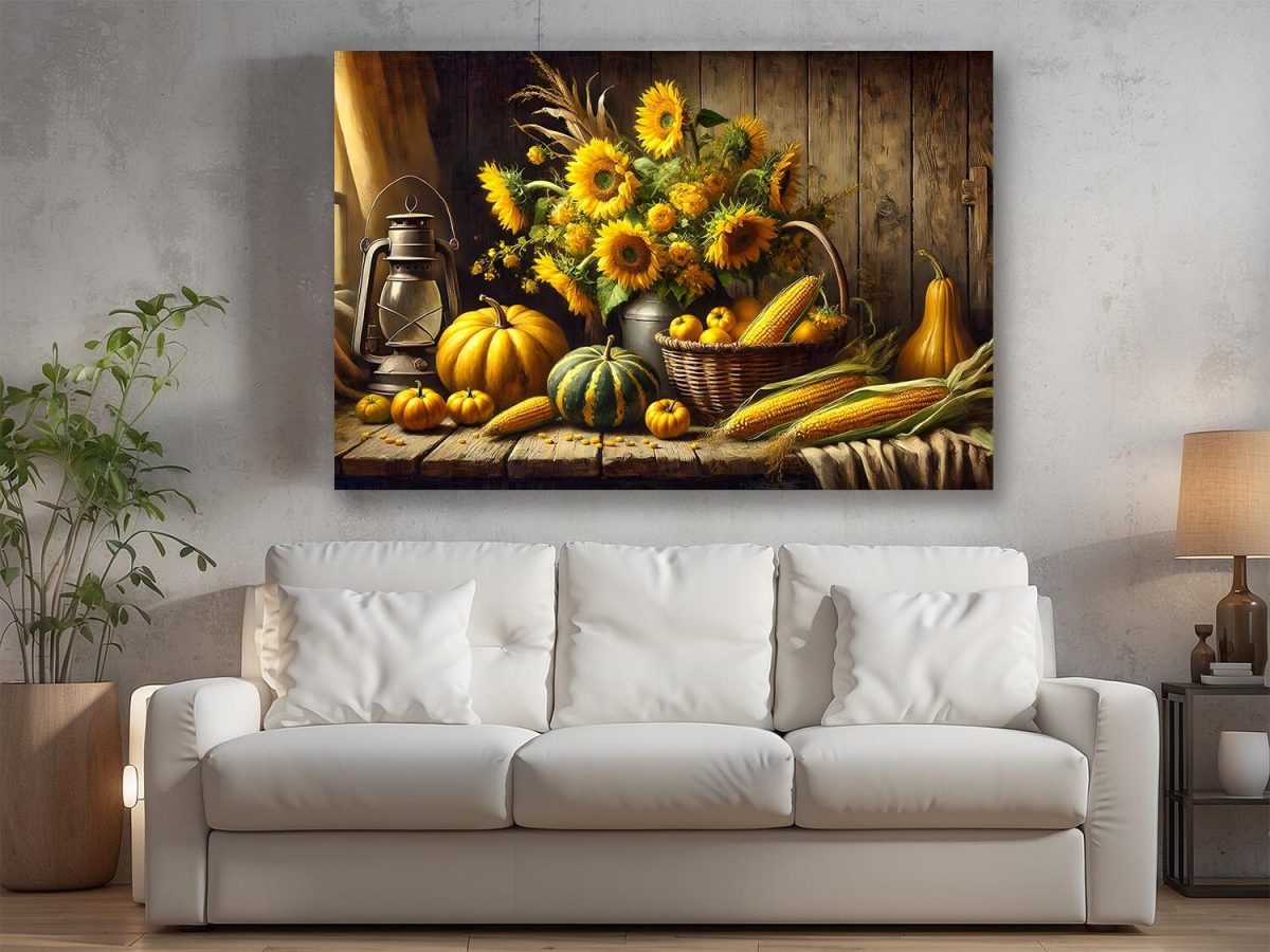 Stillleben mit Sonnenblumen, Kürbissen und Maiskolben, Digital Art,