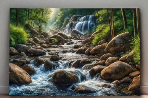 Flusslandschaft mit Wasserfall und Felsen im Wald, Digital Art, KI Art