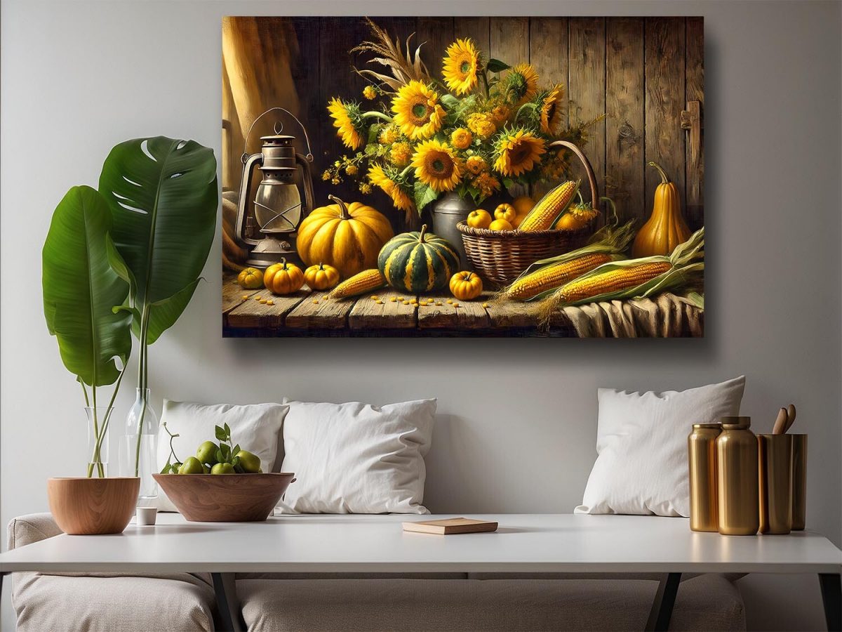 Stillleben mit Sonnenblumen, Kürbissen und Maiskolben, Digital Art,