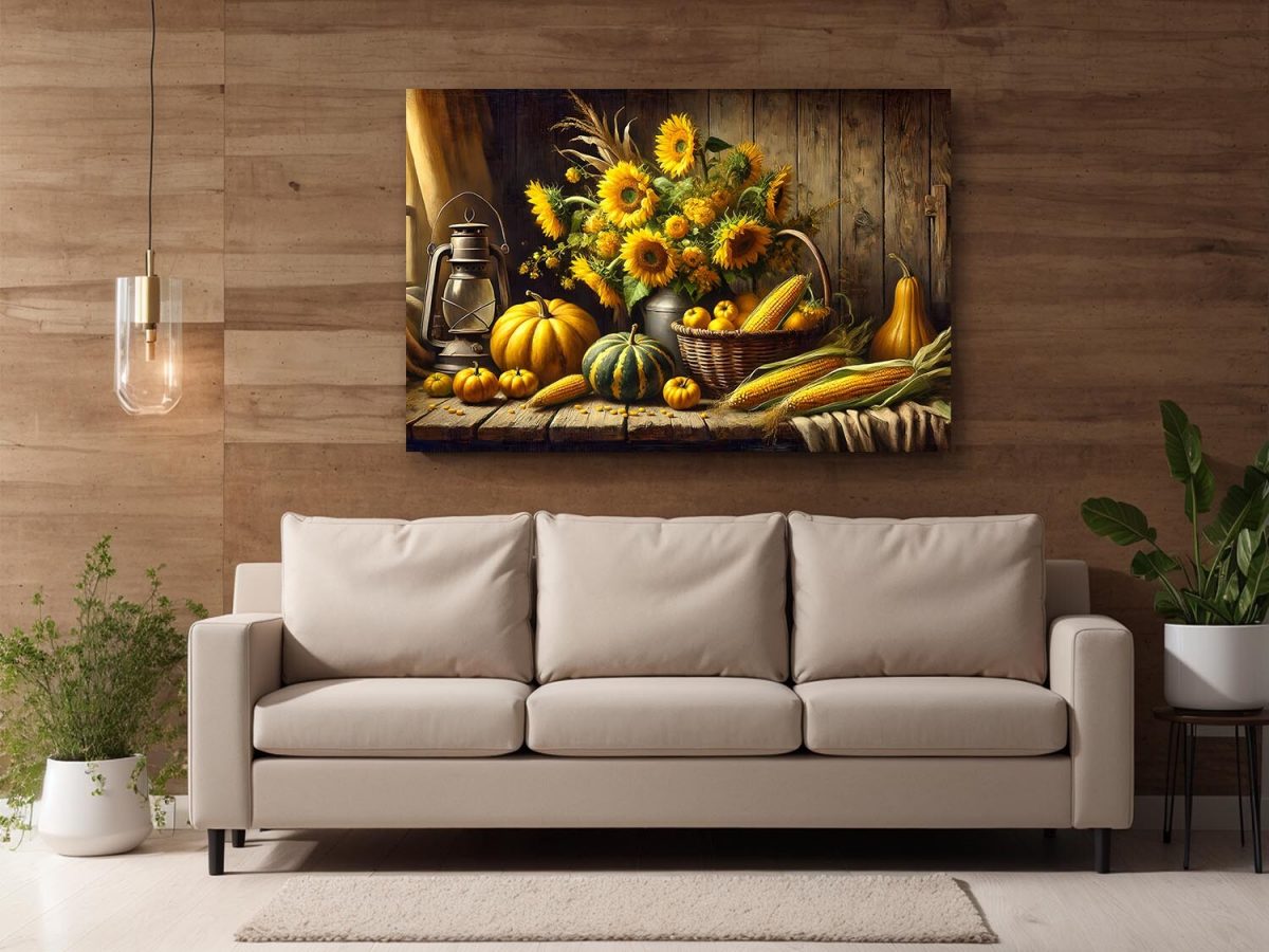 Stillleben mit Sonnenblumen, Kürbissen und Maiskolben, Digital Art,