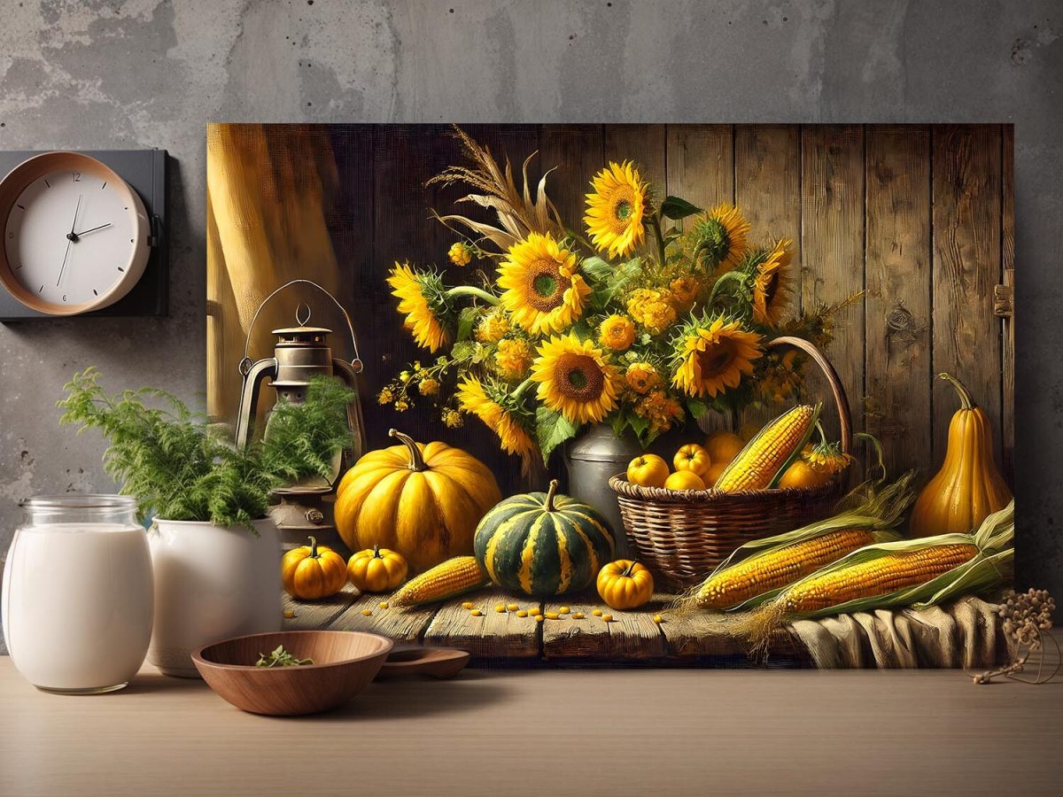 Stillleben mit Sonnenblumen, Kürbissen und Maiskolben, Digital Art,