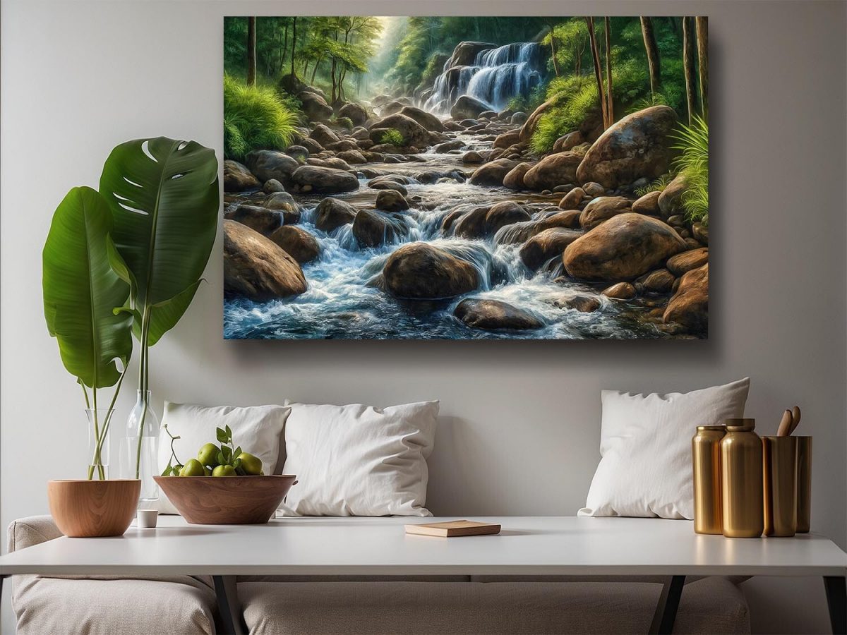 57-257.jpg Flusslandschaft mit Wasserfall und Felsen im Wald, Digital Art, KI Art