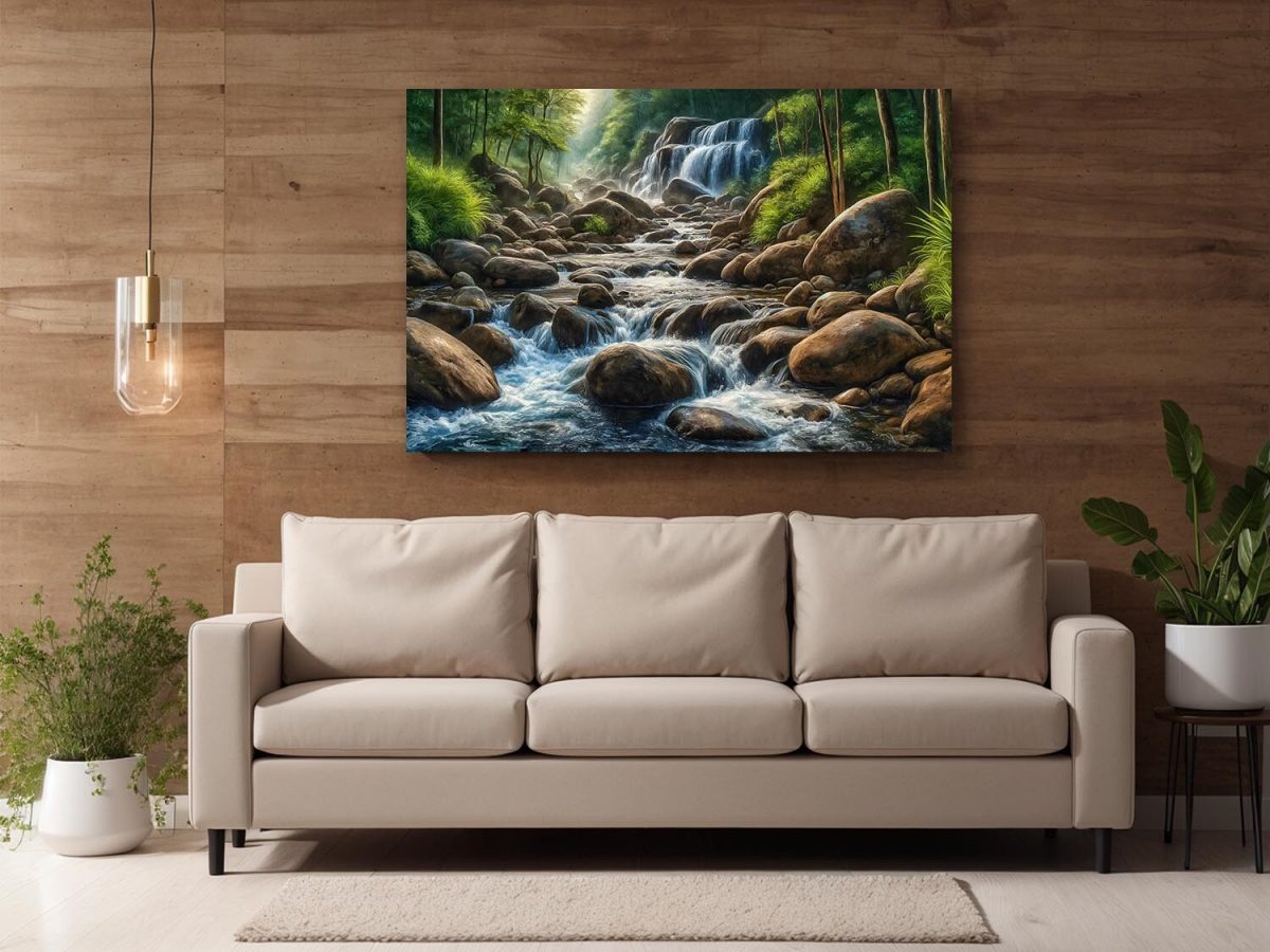 57-258.jpg Flusslandschaft mit Wasserfall und Felsen im Wald, Digital Art, KI Art