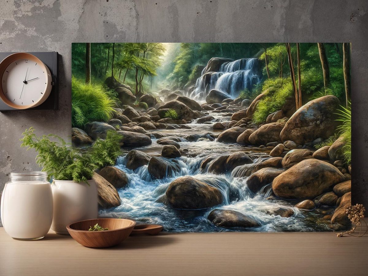 57-259.jpg Flusslandschaft mit Wasserfall und Felsen im Wald, Digital Art, KI Art