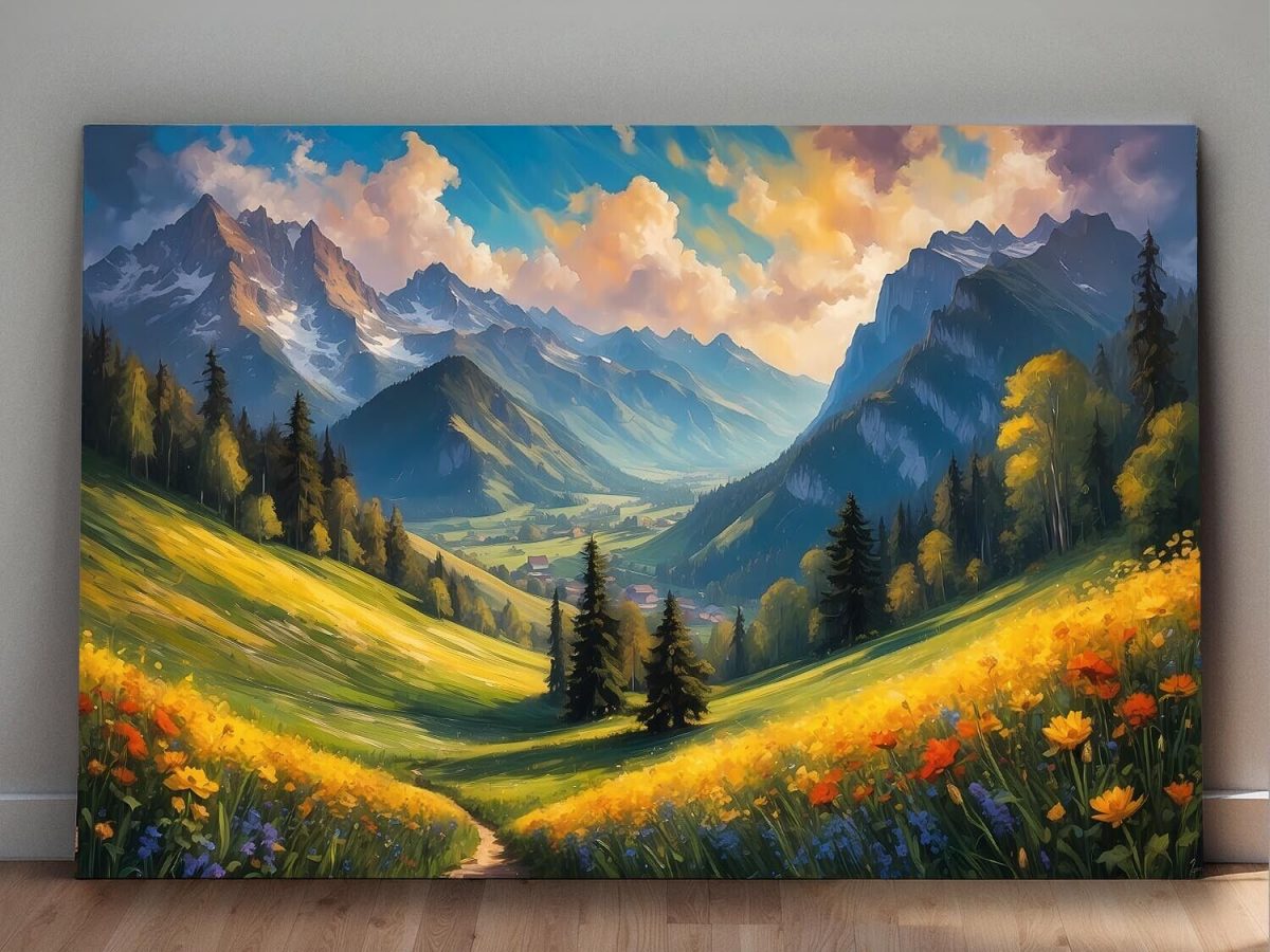 57-261.jpg Bergblick mit Blumen – wie Ölgemälde, Digital Art, KI Art