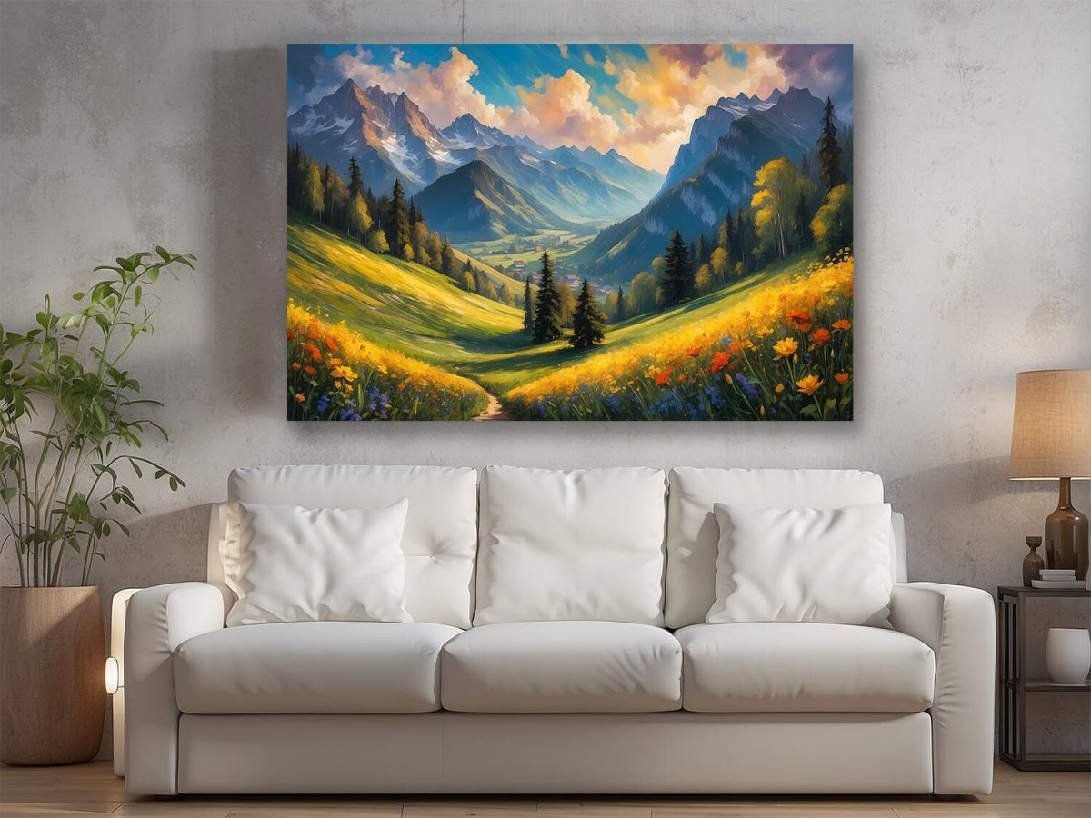 57-263.jpg Bergblick mit Blumen – wie Ölgemälde, Digital Art, KI Art