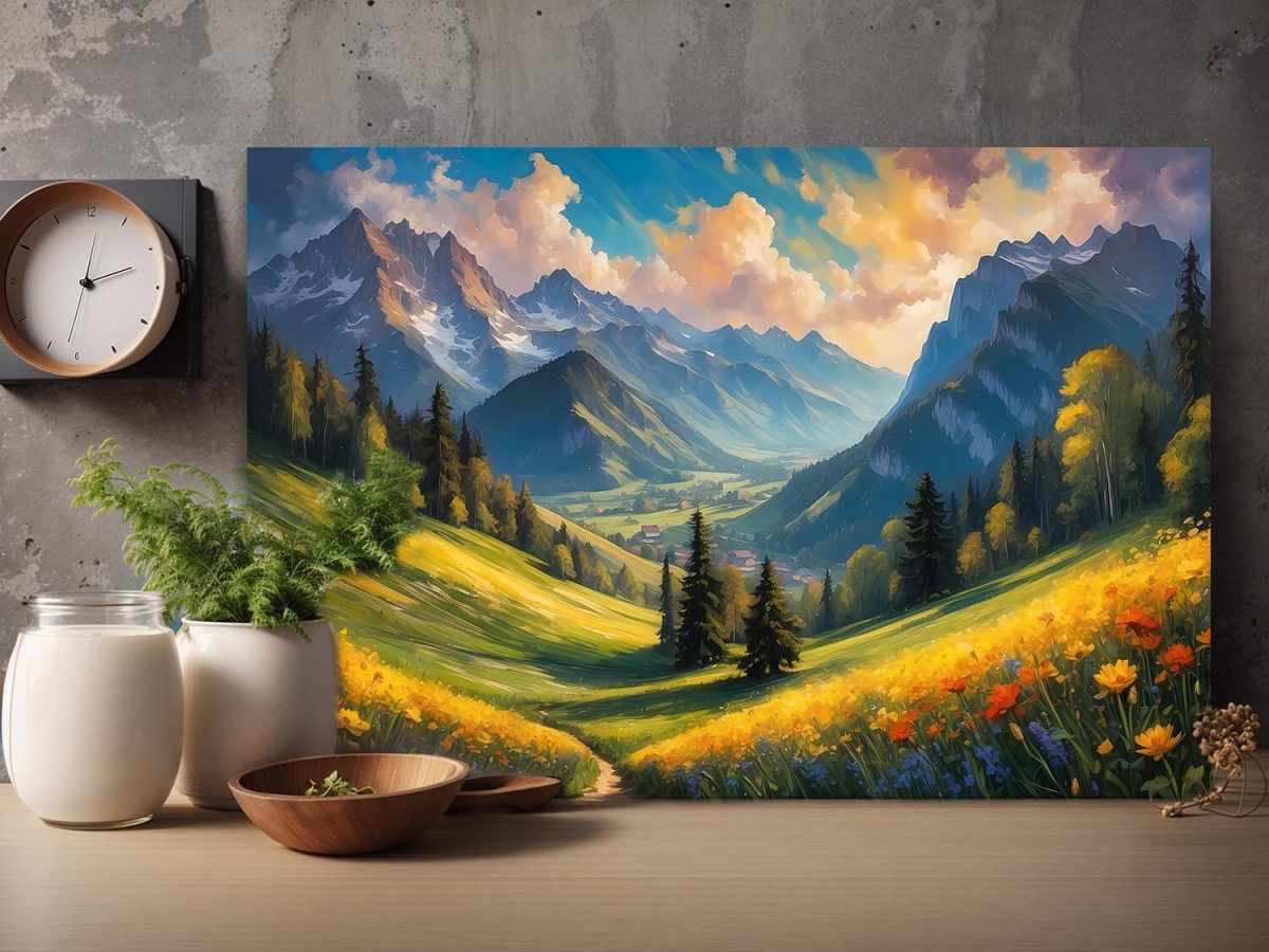 57-265.jpg Bergblick mit Blumen – wie Ölgemälde, Digital Art, KI Art