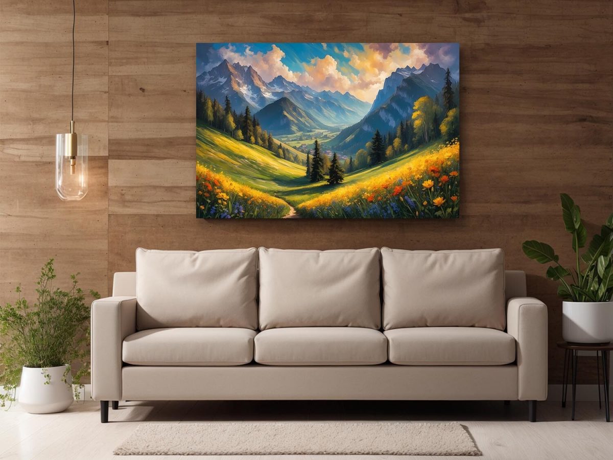 57-266.jpg Bergblick mit Blumen – wie Ölgemälde, Digital Art, KI Art