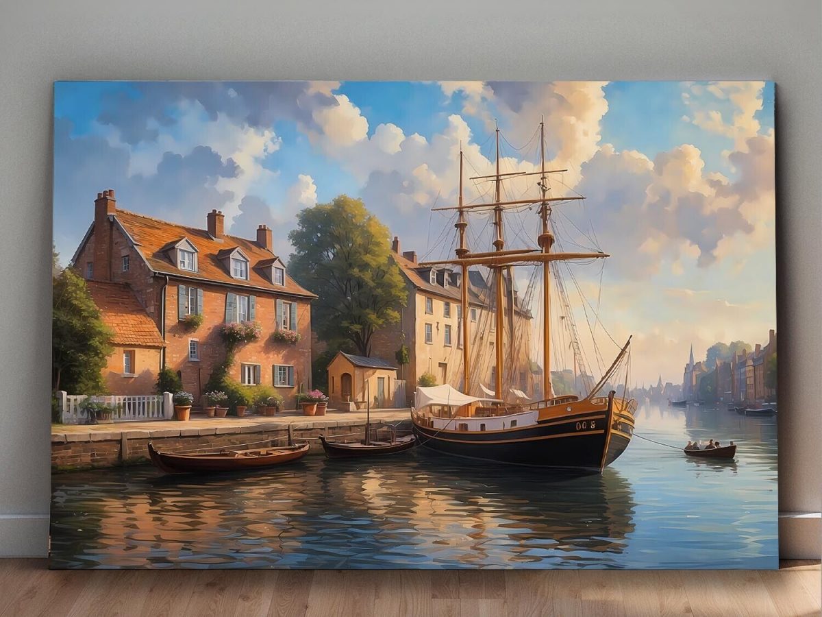 Hafen im Sonnenuntergang– wie Ölgemälde, Digital Art, KI Art