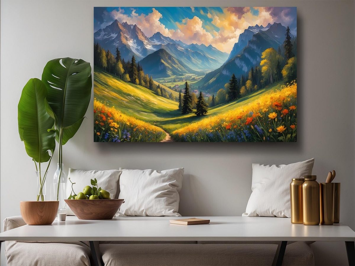 57-269.jpg Bergblick mit Blumen – wie Ölgemälde, Digital Art, KI Art