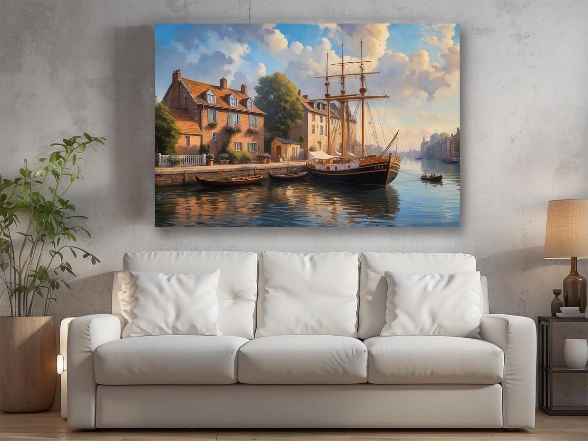 Hafen im Sonnenuntergang– wie Ölgemälde, Digital Art, KI Art