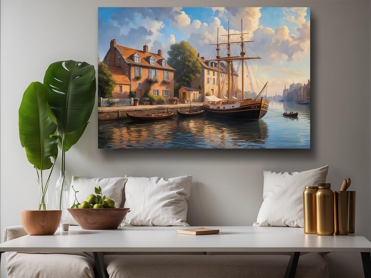 Hafen im Sonnenuntergang– wie Ölgemälde, Digital Art, KI Art