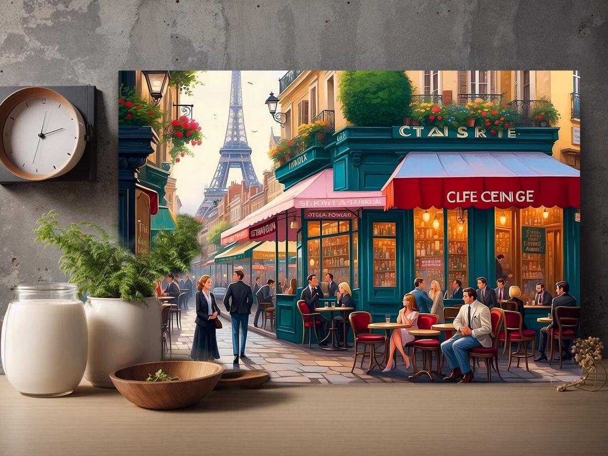 Pariser Straßenszene mit Eiffelturm – wie Ölgemälde, Digital Art, KI Art