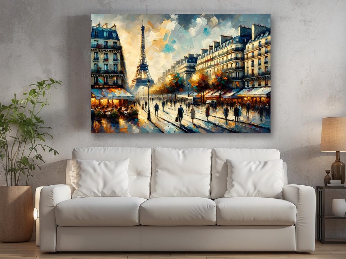Paris mit Eiffelturm und belebter Straße bei Sonnenuntergang, Digital Art,