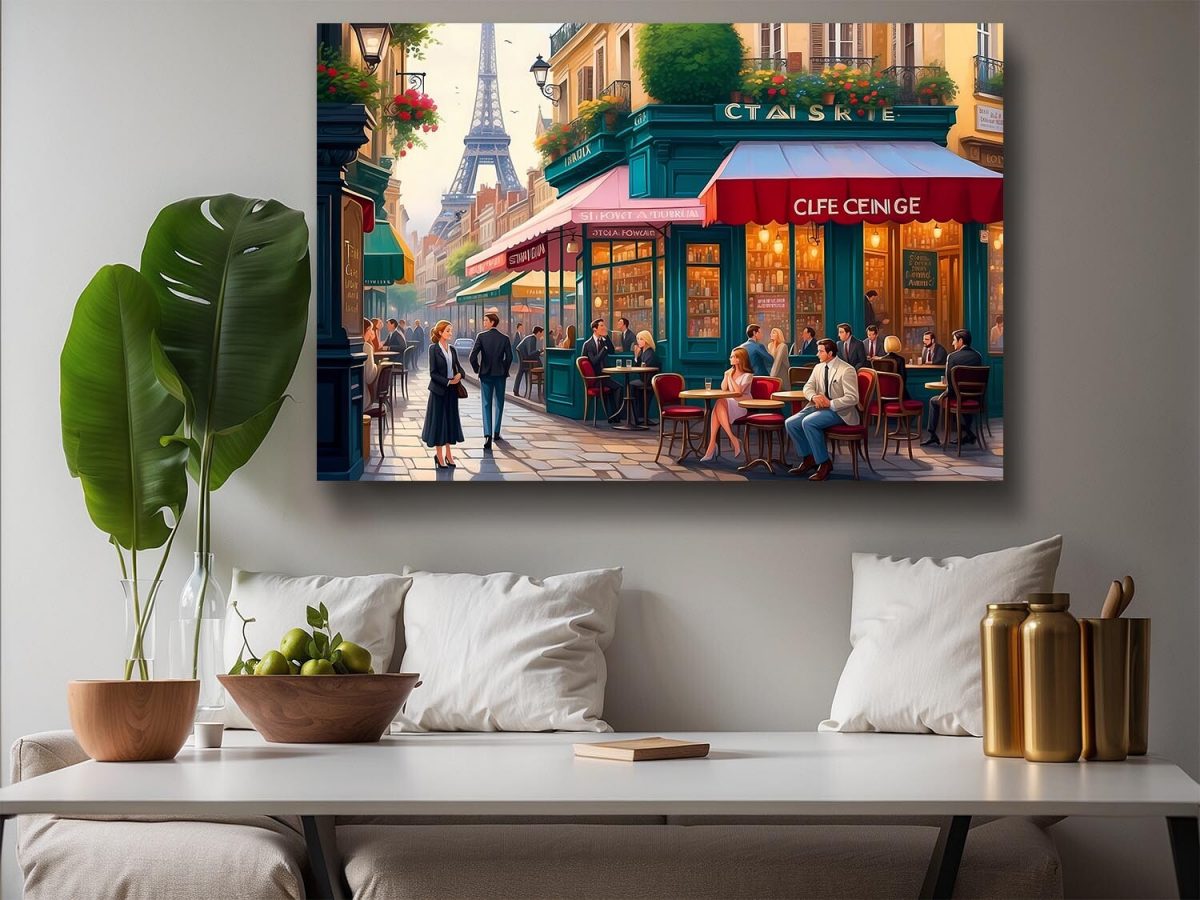 Pariser Straßenszene mit Eiffelturm – wie Ölgemälde, Digital Art, KI Art