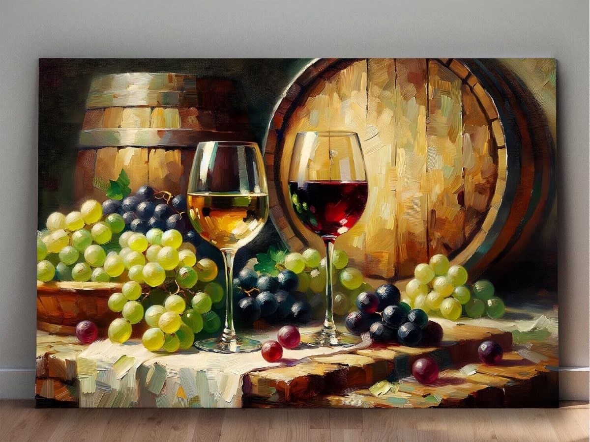 Stillleben mit Wein, Trauben und Fässern, Digital Art,