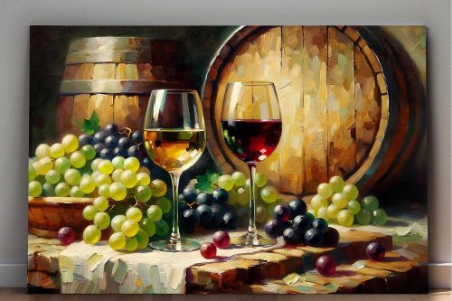 Stillleben mit Wein, Trauben und Fässern, Digital Art,