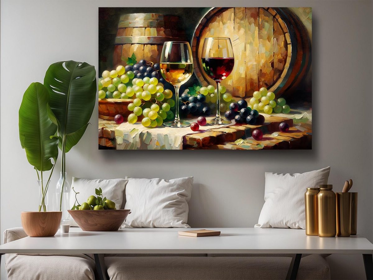 Stillleben mit Wein, Trauben und Fässern, Digital Art,