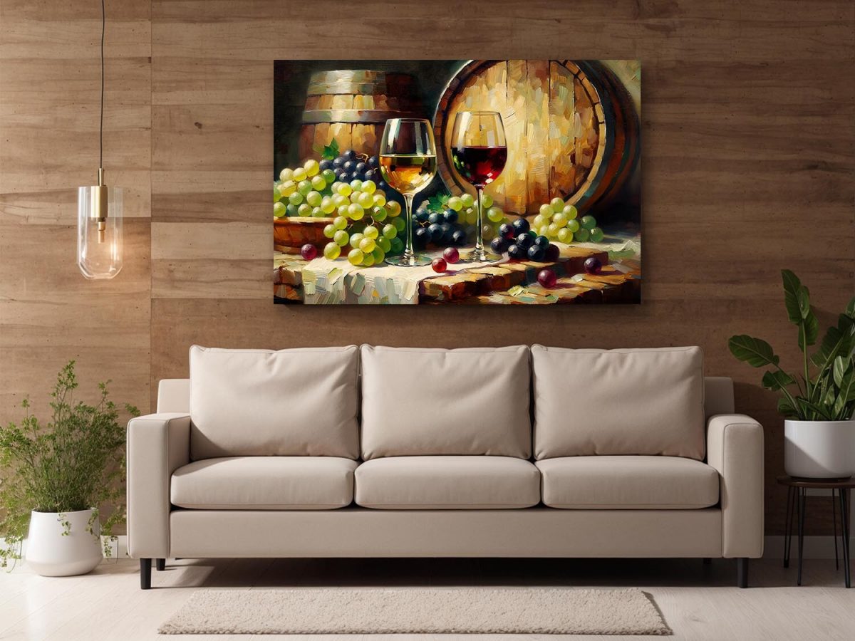 Stillleben mit Wein, Trauben und Fässern, Digital Art,