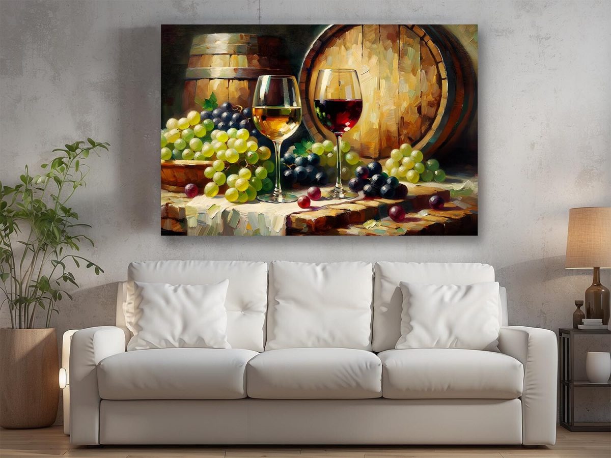 Stillleben mit Wein, Trauben und Fässern, Digital Art,