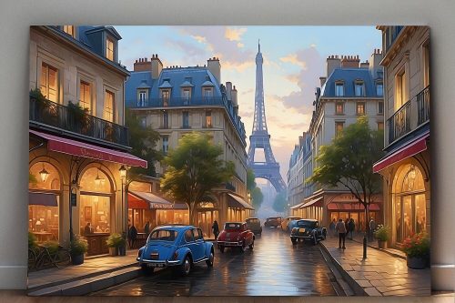 Pariser Straßenszene mit Eiffelturm – wie Ölgemälde, Digital Art, KI Art