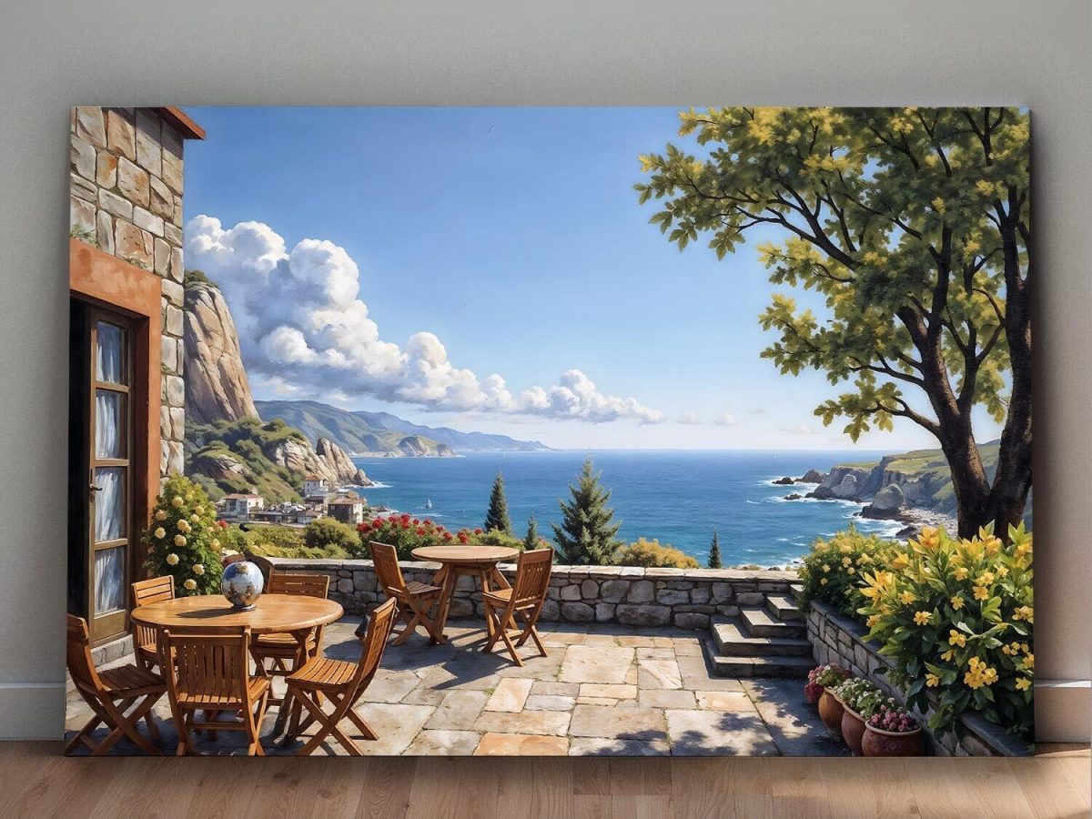 Mediterrane Terrasse mit Meerblick - Bild auf Leinwand