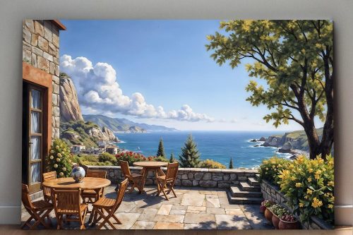 Mediterrane Terrasse mit Meerblick - Bild auf Leinwand