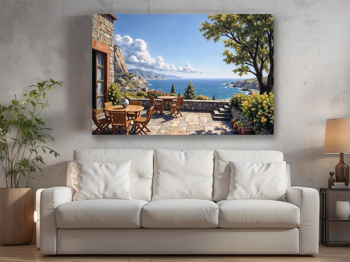 Mediterrane Terrasse mit Meerblick - Bild auf Leinwand