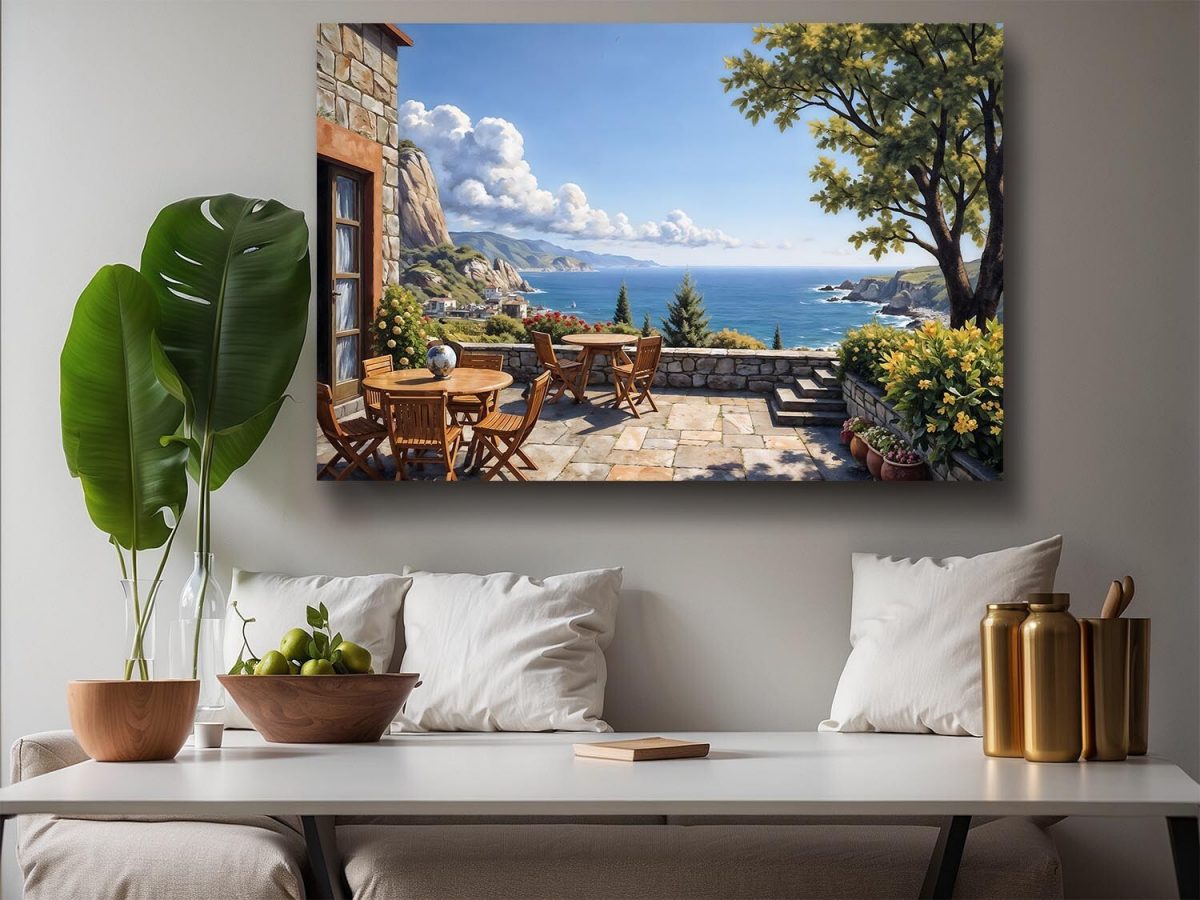 Mediterrane Terrasse mit Meerblick - Bild auf Leinwand