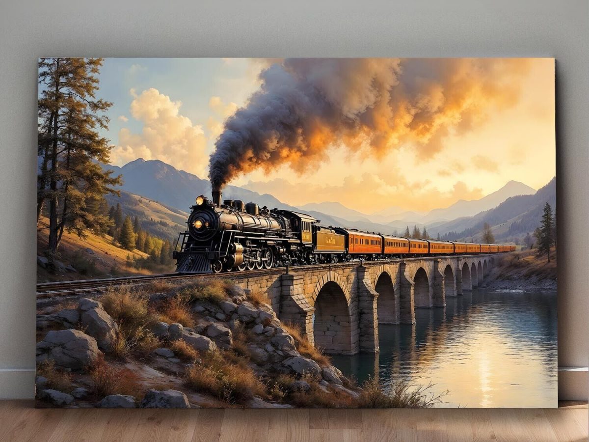 Dampflok über dem Viadukt , Bild auf Leinwand