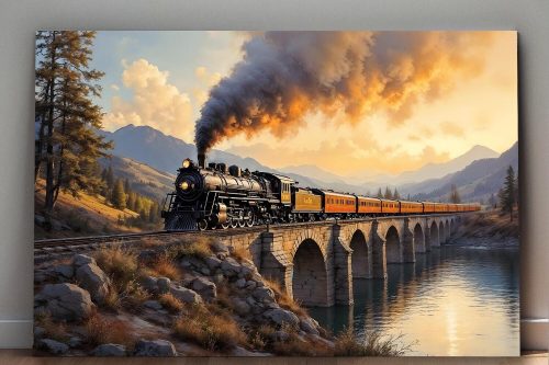 57-318.jpg Dampflok über dem Viadukt , Bild auf Leinwand