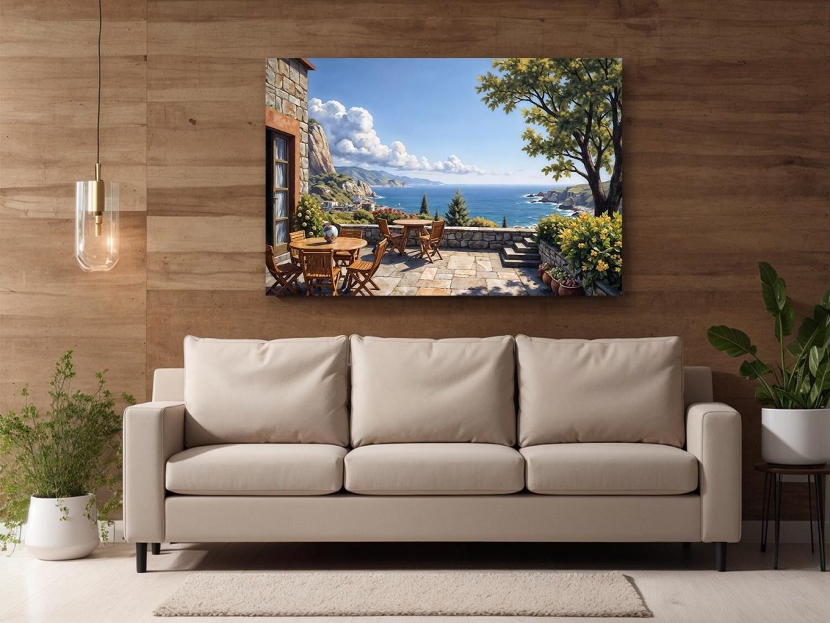 Mediterrane Terrasse mit Meerblick - Bild auf Leinwand