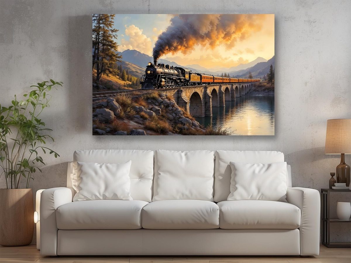 Dampflok über dem Viadukt , Bild auf Leinwand