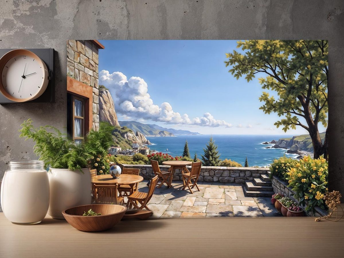 Mediterrane Terrasse mit Meerblick - Bild auf Leinwand