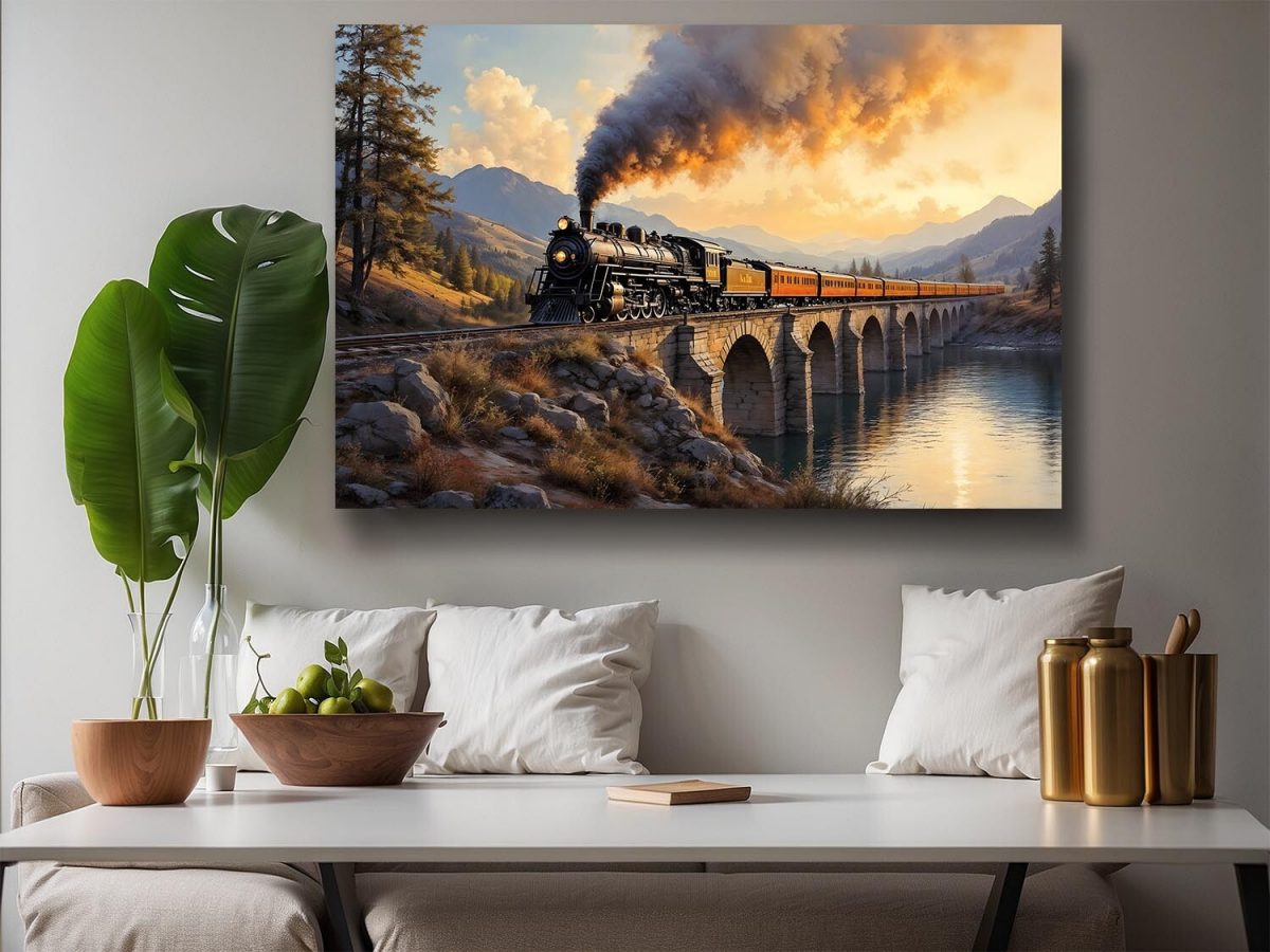 Dampflok über dem Viadukt , Bild auf Leinwand