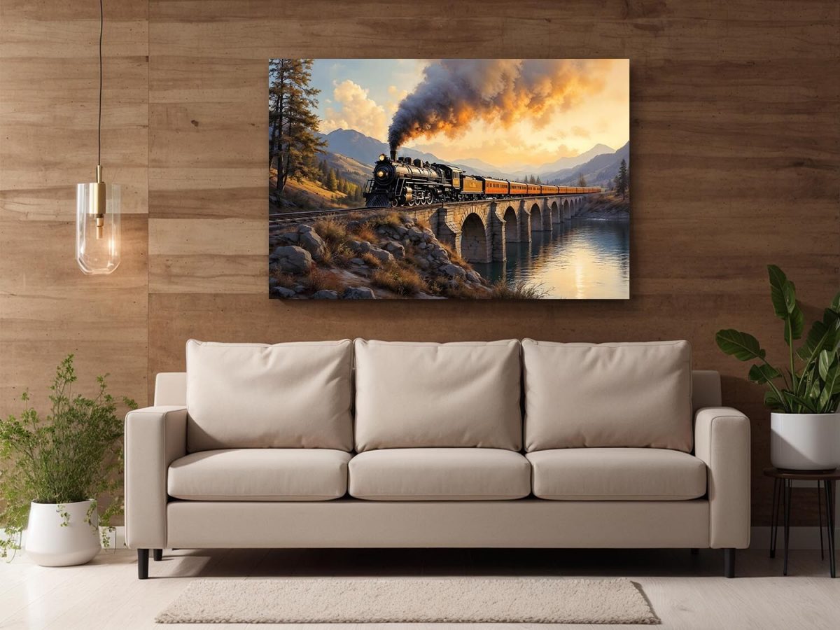 Dampflok über dem Viadukt , Bild auf Leinwand