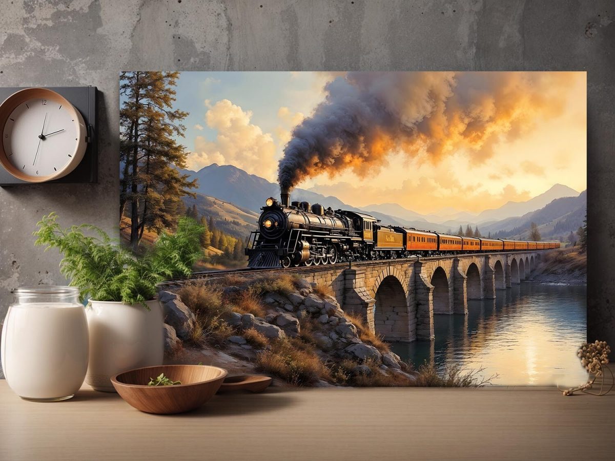 Dampflok über dem Viadukt , Bild auf Leinwand