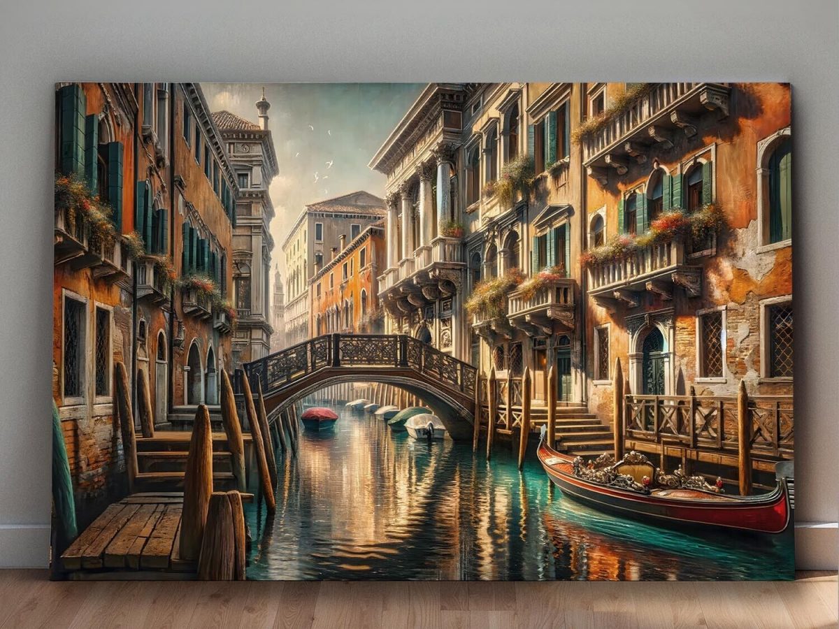 Venedig Kanalansicht mit Gondel– wie Ölgemälde, Digital Art, KI Art