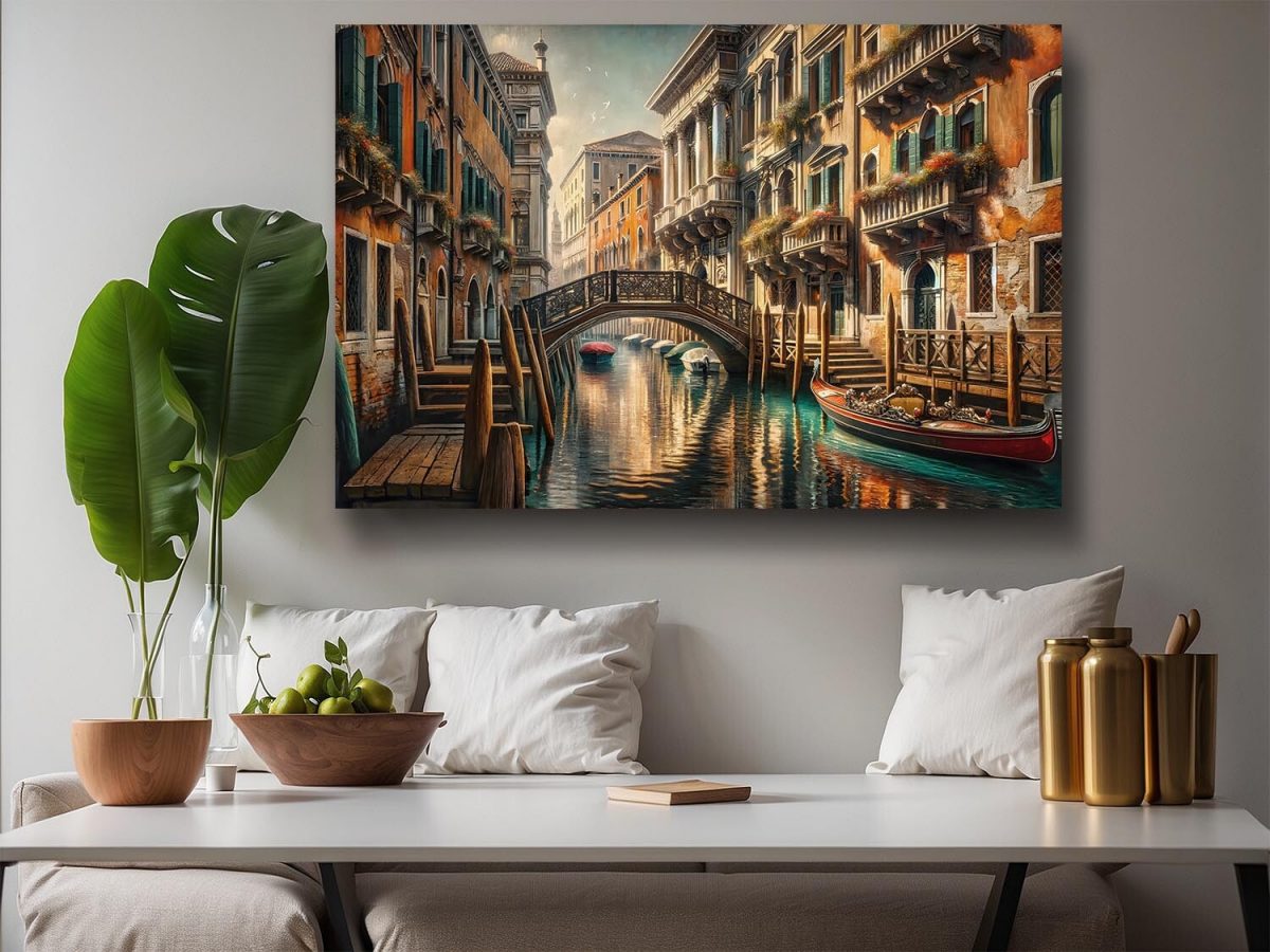 Venedig Kanalansicht mit Gondel– wie Ölgemälde, Digital Art, KI Art