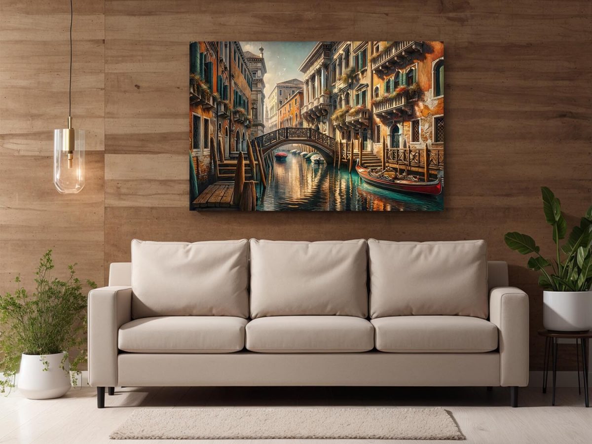 Venedig Kanalansicht mit Gondel– wie Ölgemälde, Digital Art, KI Art