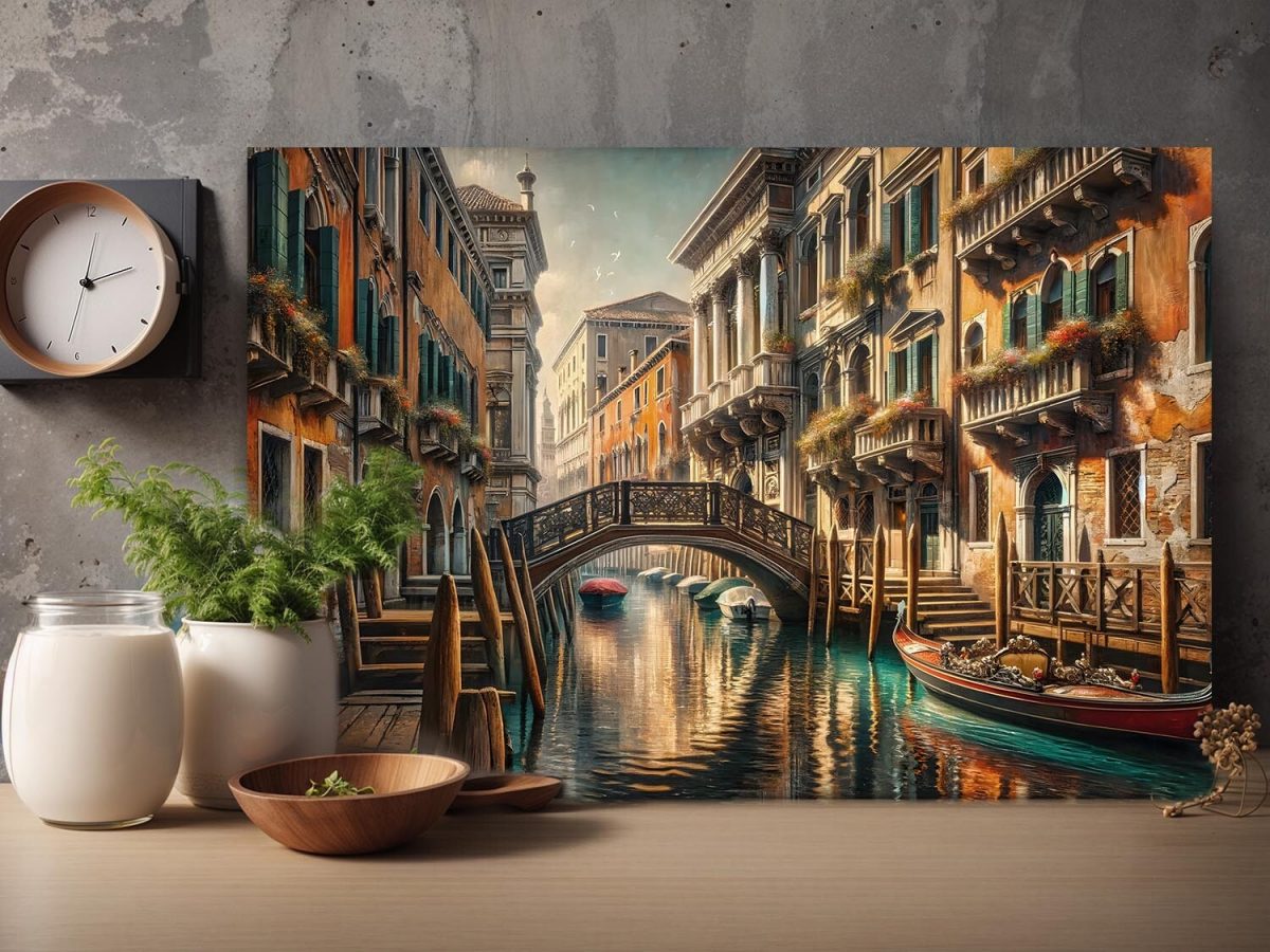 Venedig Kanalansicht mit Gondel– wie Ölgemälde, Digital Art, KI Art
