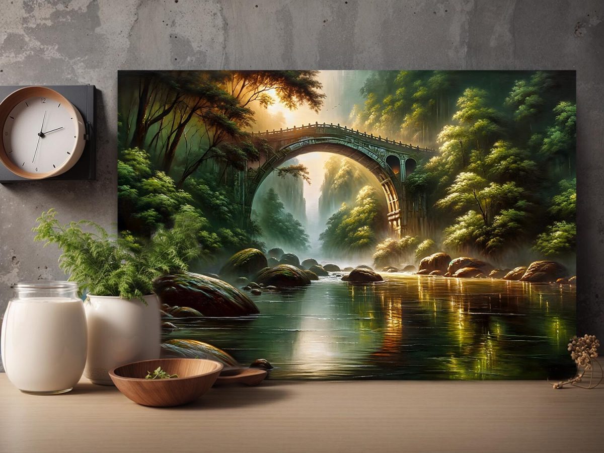 Malerische Brücke Verborgen im Wald, Digital Art, KI Art