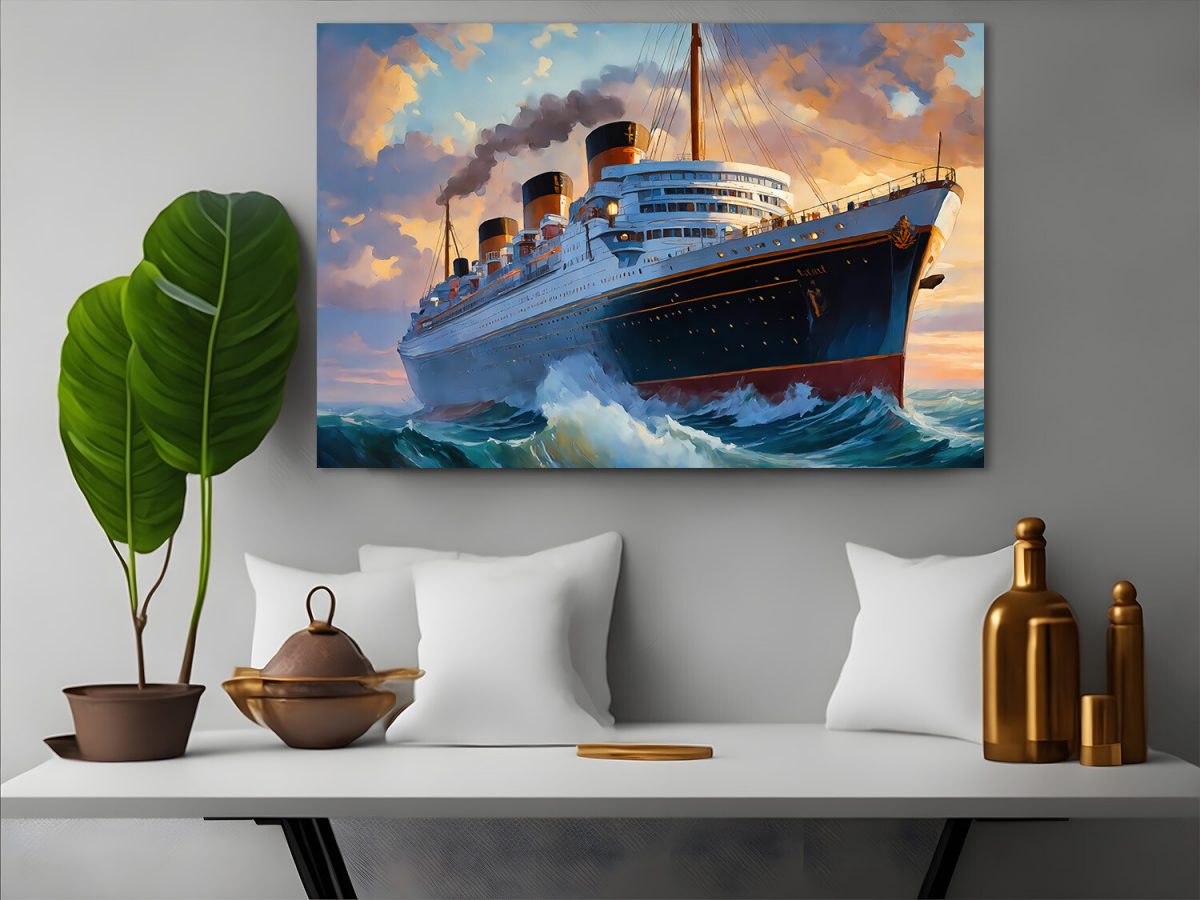 57-354.jpg Ozeandampfer mit drei Schornsteinen – wie Ölgemälde, Digital Art, KI Art