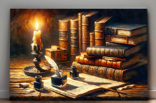 Stillleben antike Bücker, Tintenfass bei Kerzenlich, Digital Art,