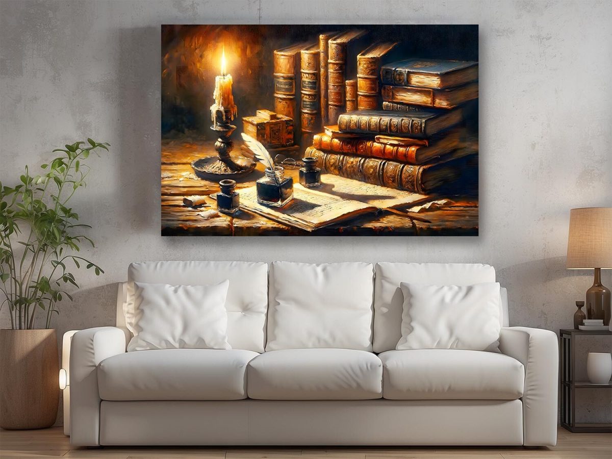 57-361.jpg Stillleben antike Bücker, Tintenfass bei Kerzenlich, Digital Art,